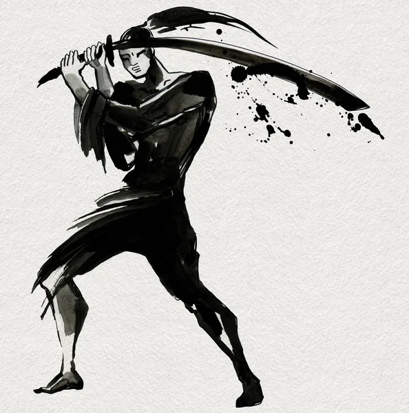 Siluet samuray. Çin stili. Suluboya el boyama çizim — Stok fotoğraf