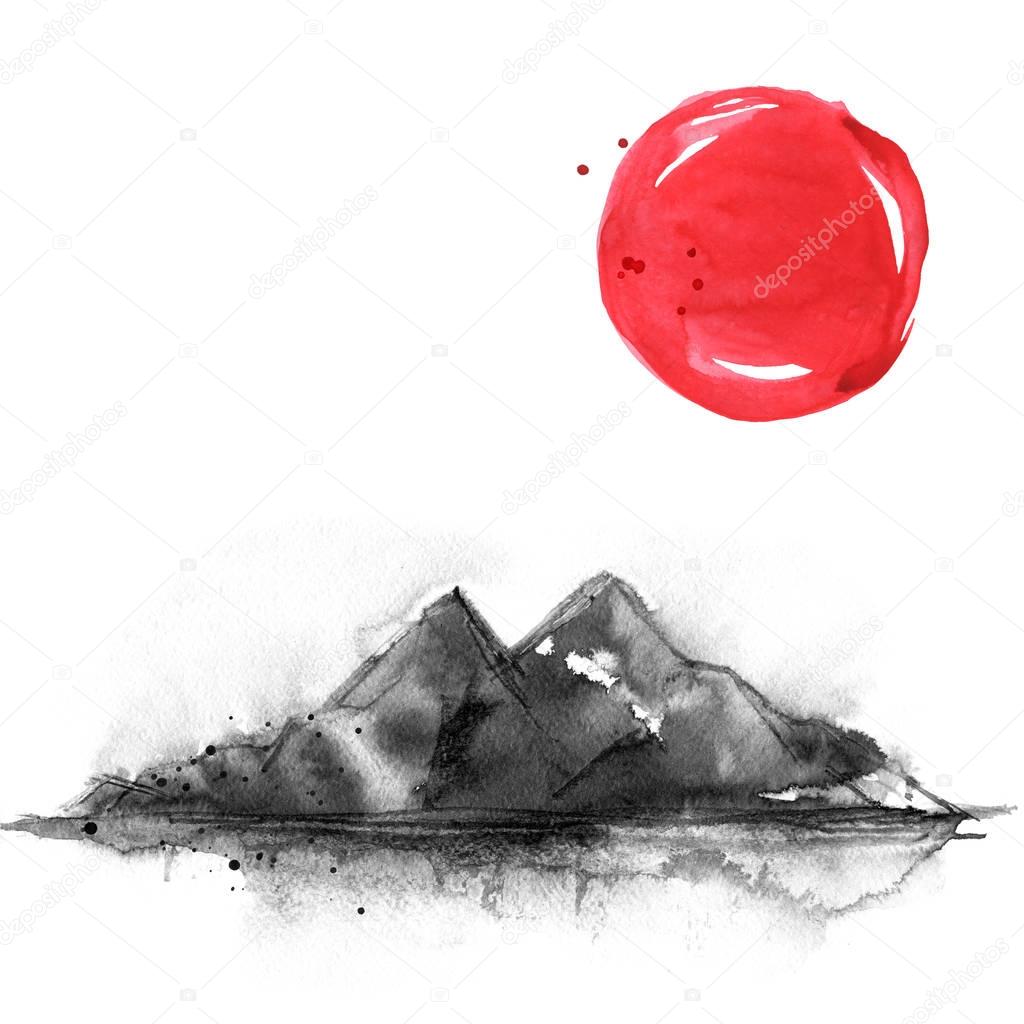 Mountains in Japanese style. Watercolor hand painting illustration