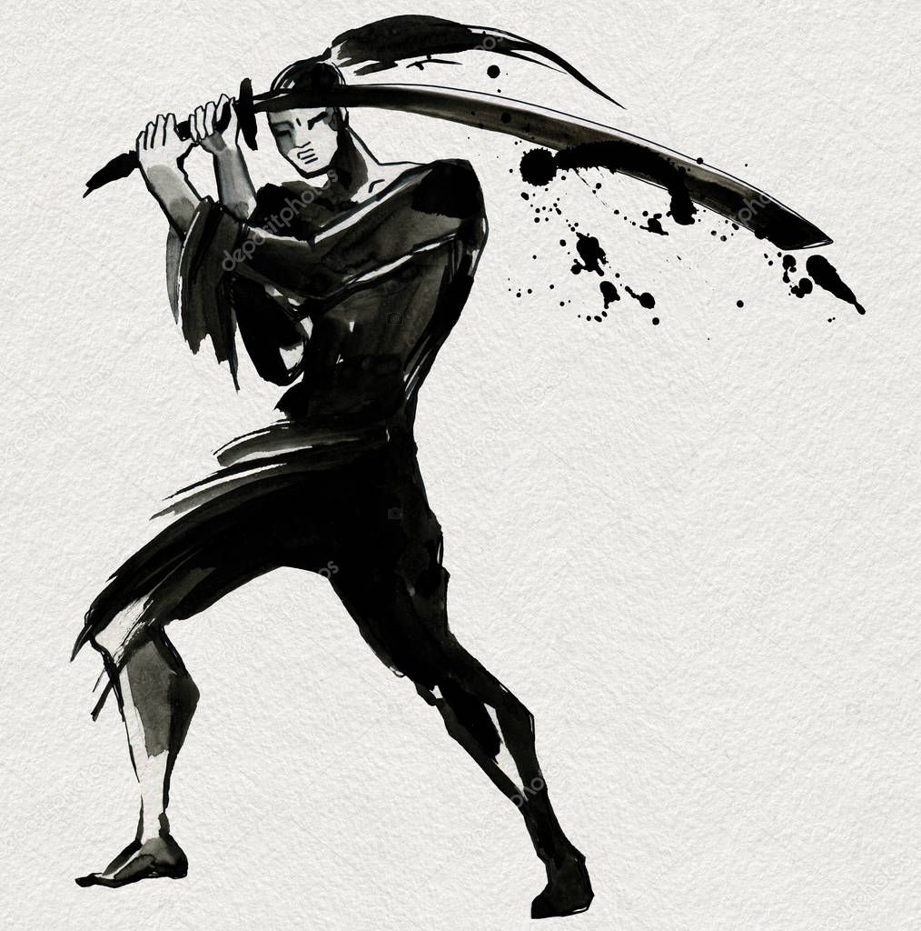 Silhouette Samurai. Chinese style. Watercolor hand painting illustration
