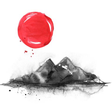 Japon tarzı dağlarda. Suluboya el boyama çizim