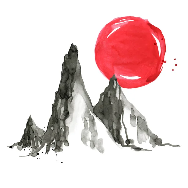 Montañas de estilo japonés. Acuarela pintura a mano ilustración —  Fotos de Stock