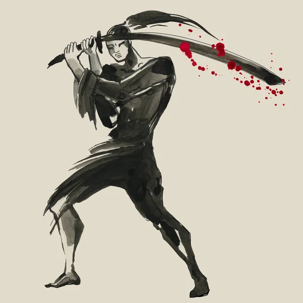 Silueta samuraje. Čínský styl. Obrázek Malba akvarel ruka — Stock fotografie