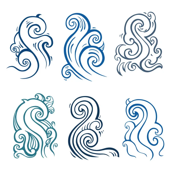 Conjunto de ondas oceânicas, ilustração desenhada à mão — Vetor de Stock