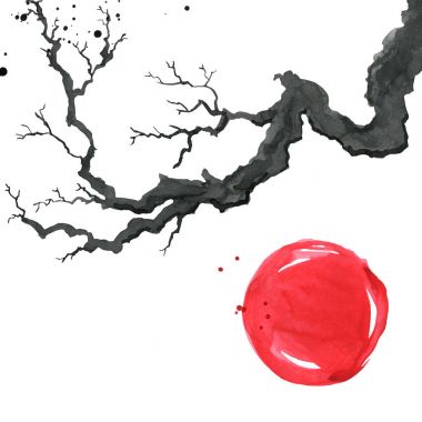 Ağaç dalı Japon tarzı. Suluboya el boyama çizim