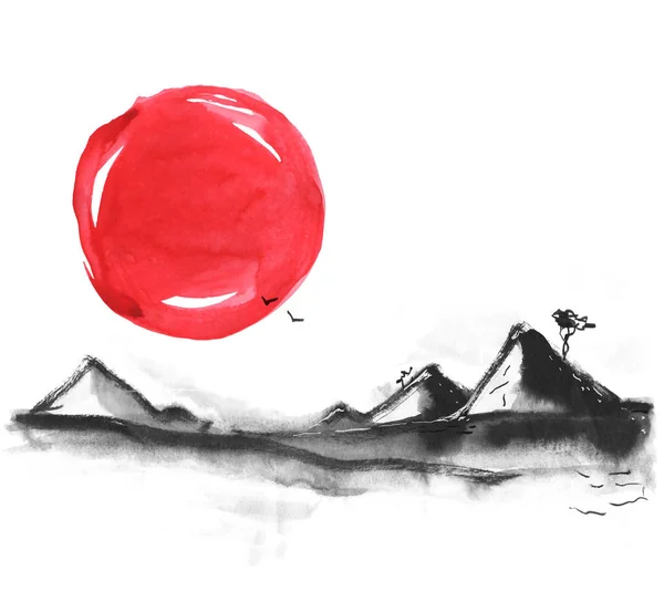 Montañas de estilo japonés. Acuarela pintura a mano ilustración —  Fotos de Stock