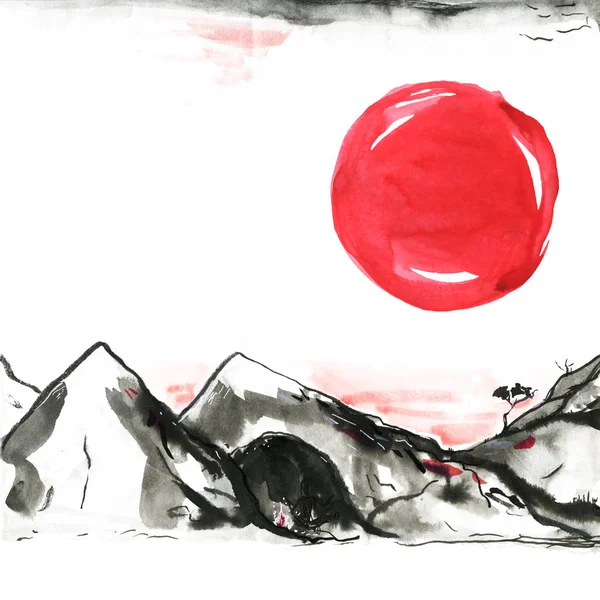 Βουνά στην ιαπωνική στυλ. Ακουαρέλα χέρι Ζωγραφική απεικόνιση — Φωτογραφία Αρχείου