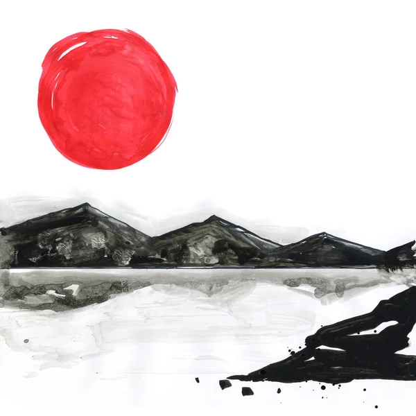 Mountains in Japanese style. Watercolor hand painting illustration — Stock Photo, Image
