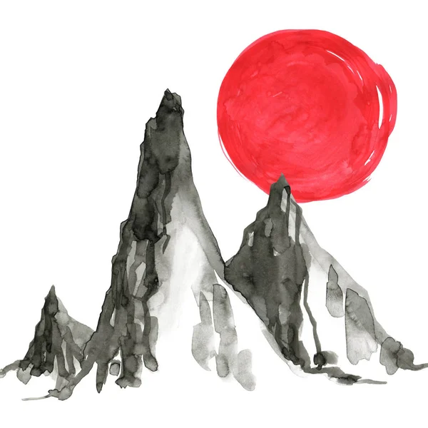 Bergen in Japanse stijl. Aquarel hand schilderij illustratie — Stockfoto