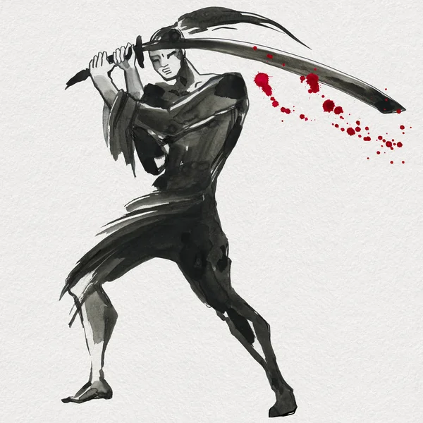 Silhouette Samurai. Estilo chino. Acuarela pintura a mano ilustración — Foto de Stock