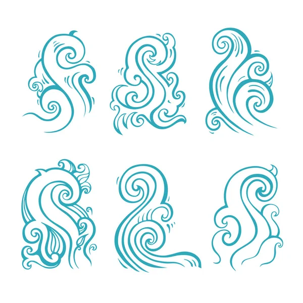 Conjunto de ondas oceânicas, ilustração desenhada à mão — Vetor de Stock