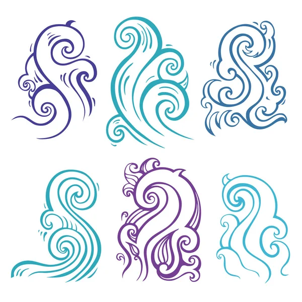 Conjunto de ondas oceânicas, ilustração desenhada à mão — Vetor de Stock