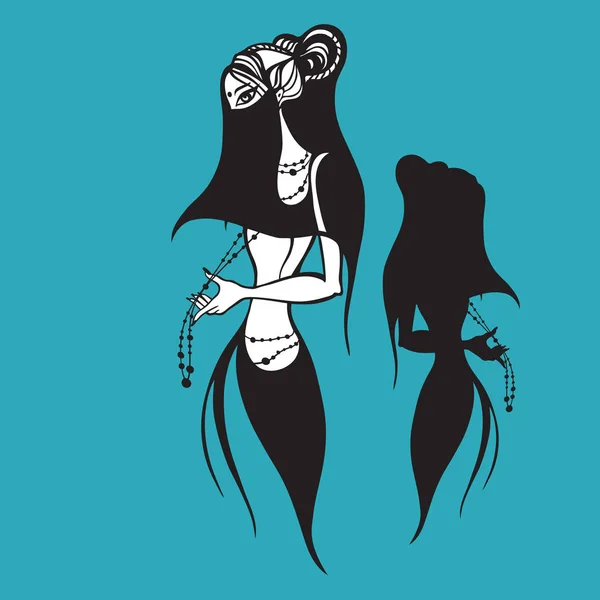 Mulher oriental Silhouette. Ilustração vetorial desenhada à mão — Vetor de Stock