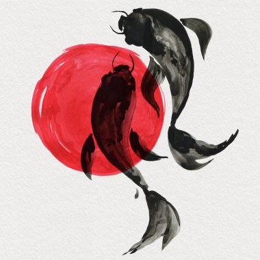 Koi balıkları Japon tarzı. Suluboya el boyama çizim