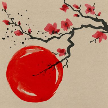Sakura ağacı Japon tarzı içinde. Suluboya el boyama çizim