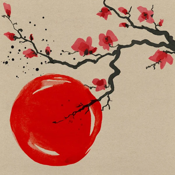 Sakura tree in Japanese style. Watercolor hand painting illustration — Stock Photo, Image