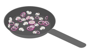 kesme ve mantar üzerinde tavada doğranmış soğan halkaları