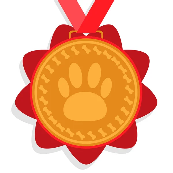 Medalla de oro de perro. premio con cinta roja con una imagen de una marca de pie y huesos — Archivo Imágenes Vectoriales