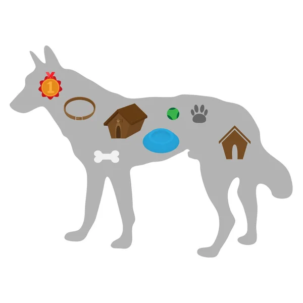 Infografías conceptuales. La imagen de un perro con objetos de una vida de la mascota. caseta de perro, huesos y marcas de pies, comida de perro, pelota de juego y collar — Archivo Imágenes Vectoriales