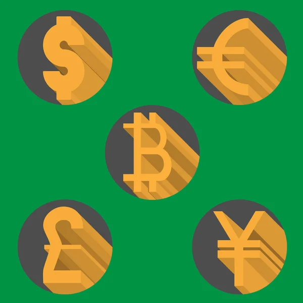 Runde Symbole der beliebtesten Weltwährung - Dollar, Euro, Pfund, Yen und Bitcoin-Symbole — Stockvektor