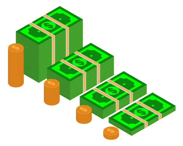 Paquetes vectoriales de billetes de dólar en varios ángulos. Montón de dinero Ilustración isométrica con pila de monedas de oro — Archivo Imágenes Vectoriales