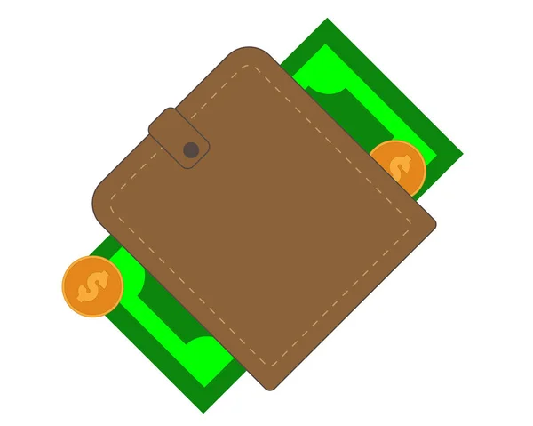Monedero marrón con efectivo en papel y monedas — Vector de stock