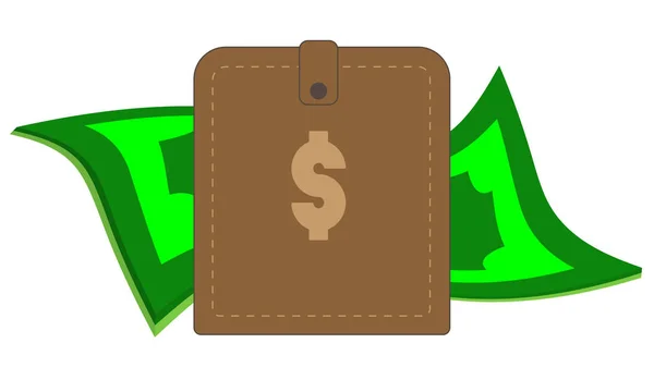 Borsetta marrone con banconote e monete — Vettoriale Stock