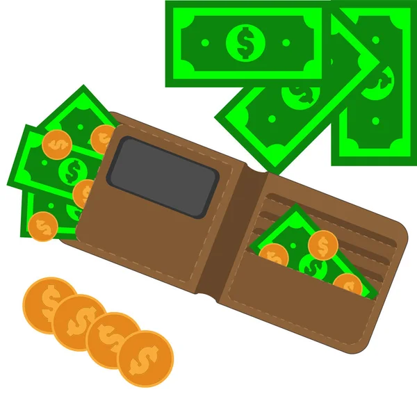 Hnědá peněženka s papírové peníze a mince — Stockový vektor