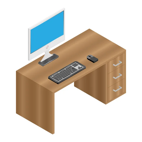 Escritorio de madera con monitor y teclado — Vector de stock