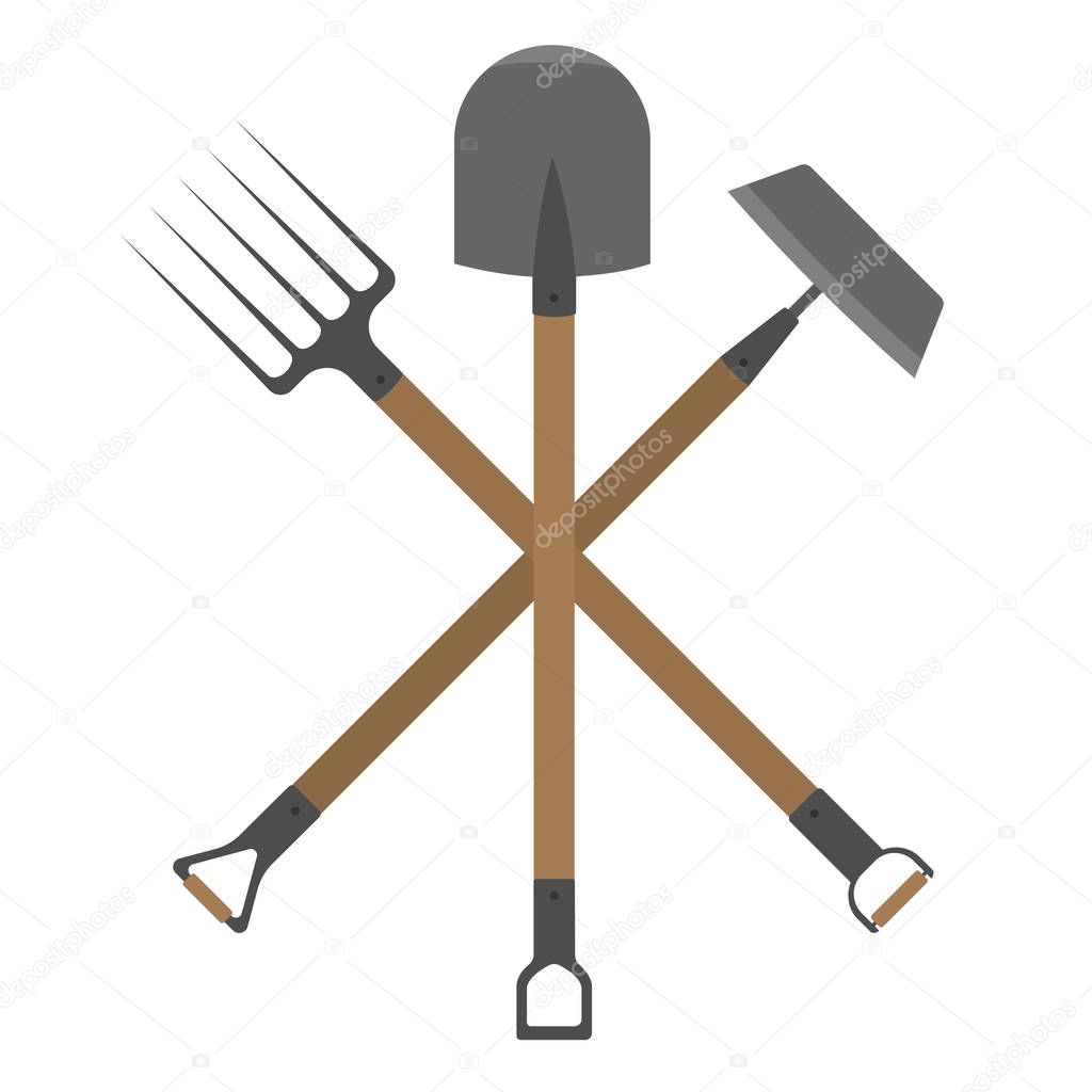 garden tools mini-set. shovel, rake and hoe vector illustration