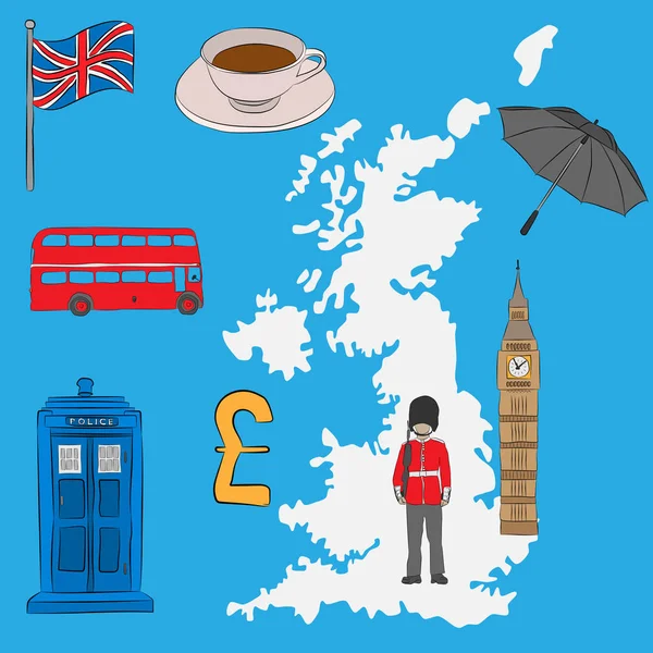 Konsep turis - simbol Britania Raya, digambar dengan pensil. Bendera Union Jack, Big Ben, penjaga kerajaan, secangkir teh, payung, bus London, kotak polisi dan simbol Pound Sterling - Stok Vektor