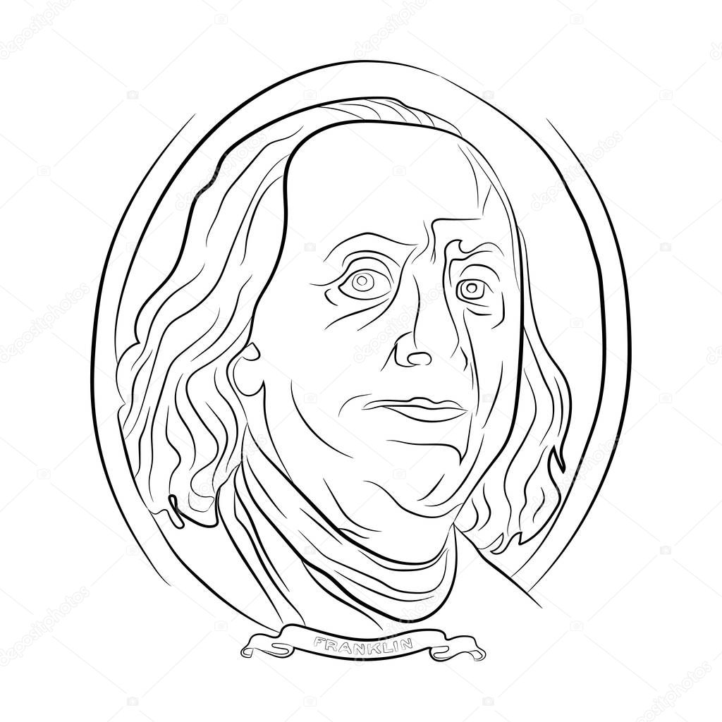 ben franklin portrait from one hundred dollars contour drawing in pencil