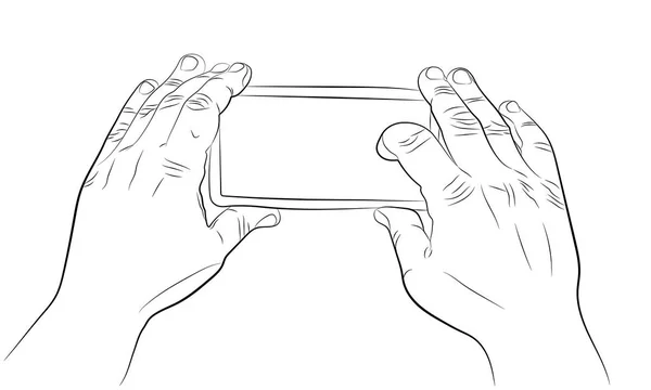 Ruce držící smartphone a nahrávání videa vektorové kreslení — Stockový vektor