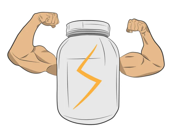 Tarro de energía de energía de proteína con manos musculares dibujo vectorial ilustración — Archivo Imágenes Vectoriales