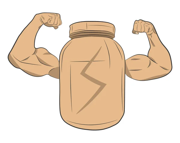 Tarro de energía de energía de proteína con manos musculares dibujo vectorial ilustración — Archivo Imágenes Vectoriales