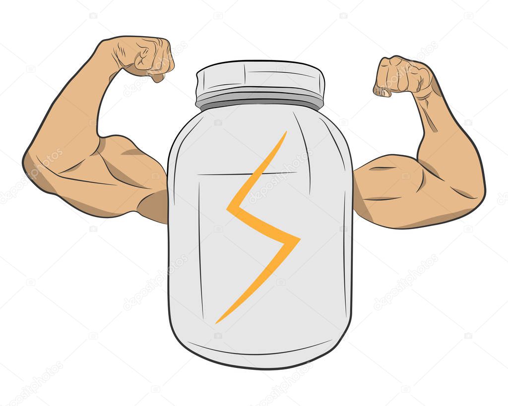 The protein power jar with muscle hands vector drawing illustration
