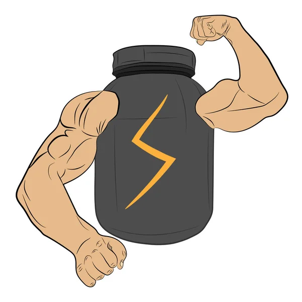 Tarro de energía de energía de proteína con manos musculares dibujo vectorial ilustración — Archivo Imágenes Vectoriales