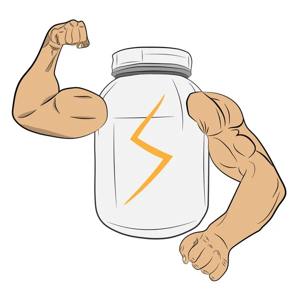 Pot d'énergie de puissance de protéine avec illustration de dessin de vecteur de mains de muscle — Image vectorielle