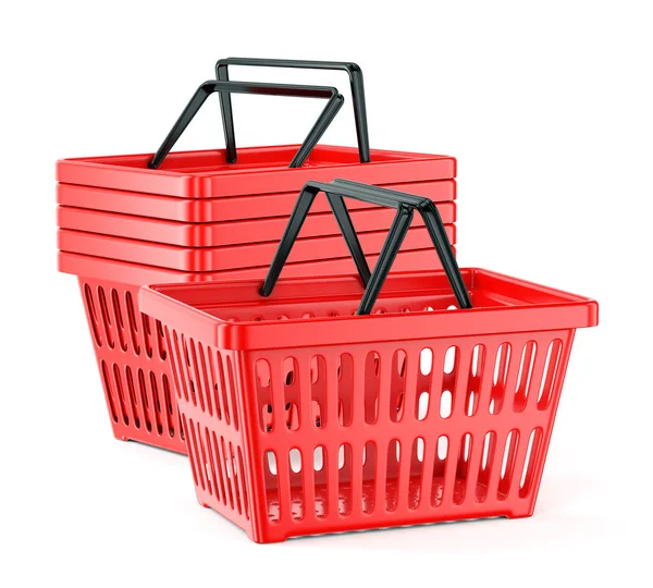 Red plastic supermarket baskets with two handles isolated on white background — Stock Photo, Image