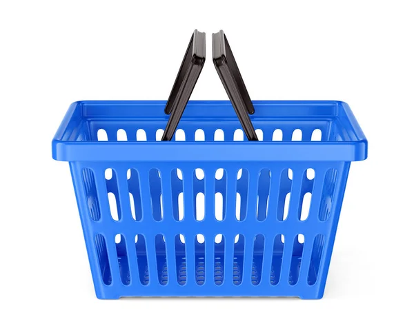 Niebieski plastikowy koszyk supermarketów z dwoma uchwytami izolowanymi na białym tle — Zdjęcie stockowe