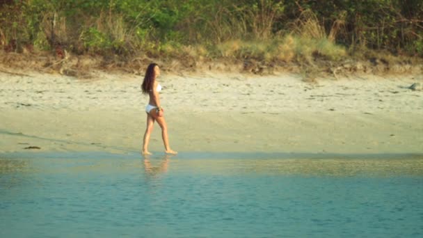 Chica caminando descalza en el agua a lo largo de la playa desierta. Mujer caminando en una playa tropical. Chica joven en una playa tropical vacía en la isla desierta vacía. Vista al mar, cámara lenta — Vídeos de Stock