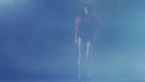 Beautiful Woman dancing on stage with flares and lights, Young Pretty Female dancing. — Stock Video