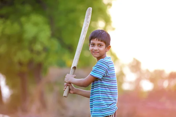 Rural Indian Child Playing Cricket — Stock Photo, Image
