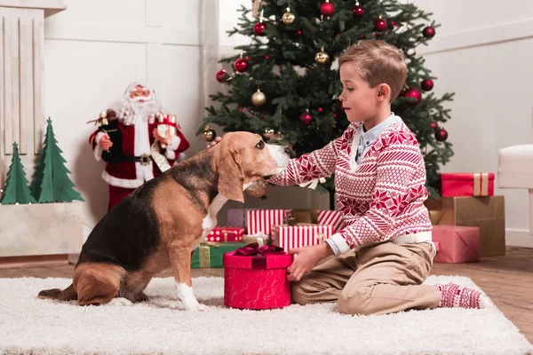 Boy presenting christmas gift to dog — Stock Photo, Image