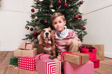 çocuk ile köpek Noel ağacının altında