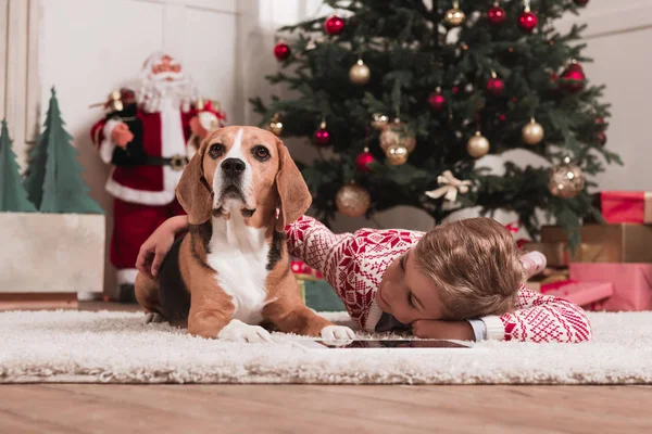 Junge mit Beagle-Hund an Weihnachten — Stockfoto