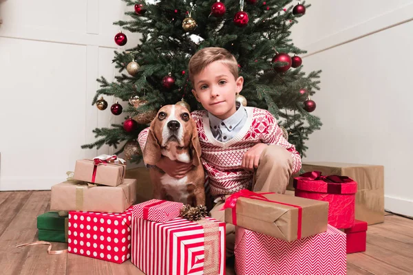 Chłopiec z psem pod choinkę — Zdjęcie stockowe