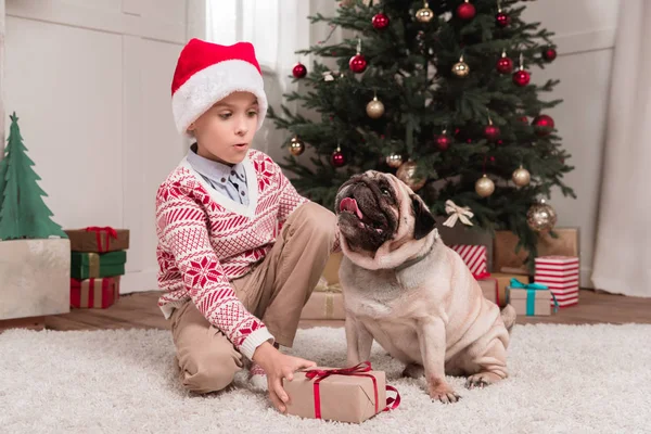 Boy with christmas gift and pug — Stock Photo, Image