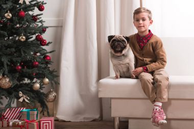 pug ile kanepede oturan çocuk