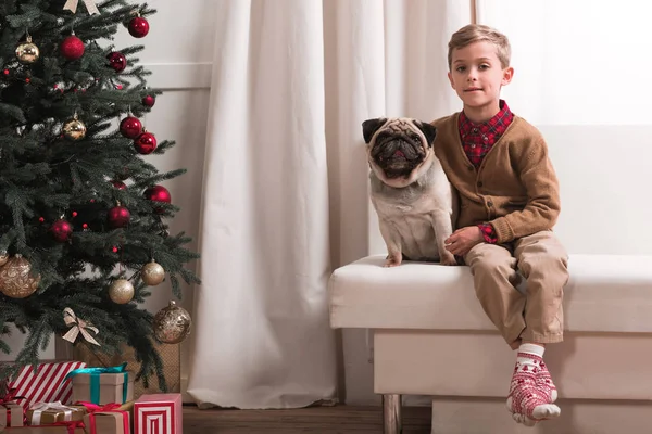 Pojken sitter på soffan med mops — Stockfoto