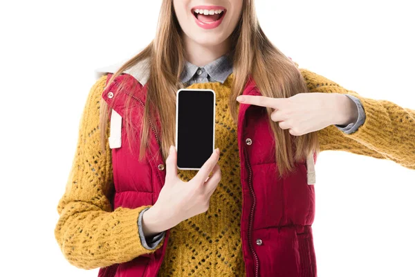 Girl presenting smartphone — Free Stock Photo